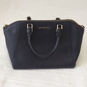 Michael Kors Black Leather Zip-Top Satchel with Gold Hardware